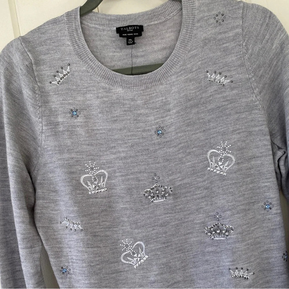 NWT, Talbots, 100% Merino Wool Crown Embellished Crew Sweater, Gray, Grey - Picture 4 of 9